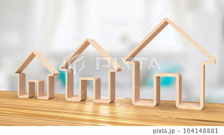 The wood home icon multi size on wood table for property or building business 3d rendering 104148881