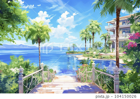 海とビーチの南国リゾートのイラスト「AI生成画像」 104150026