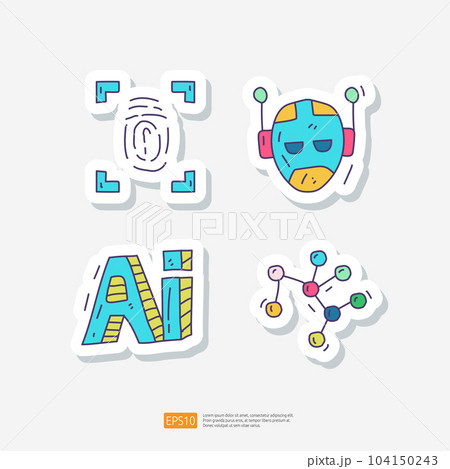 Artificial intelligence AI. finger print recognition, android robot head, algorithm. data filter or analysis for engineering, brainstorming sign. Hand drawn doodle sticker icon set vector illustration 104150243