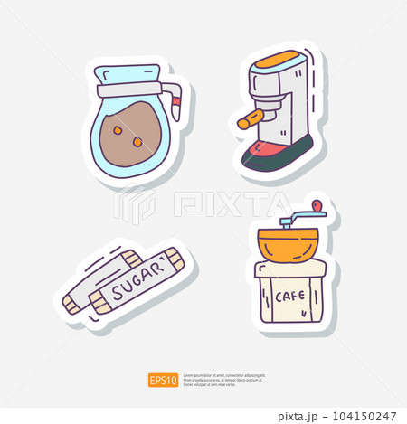 Coffee Maker Machine, Tea Kettle Jug, Sugar Sachet, and Coffee Hand Grinder. Doodle Sticker Icon Set. Cafe Concept Vector Illustration 104150247