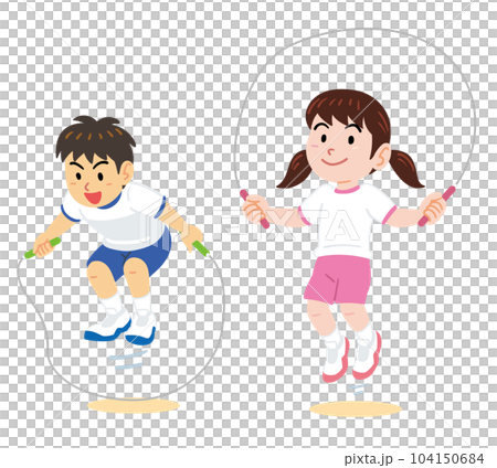 体育の授業で縄跳びする児童 104150684