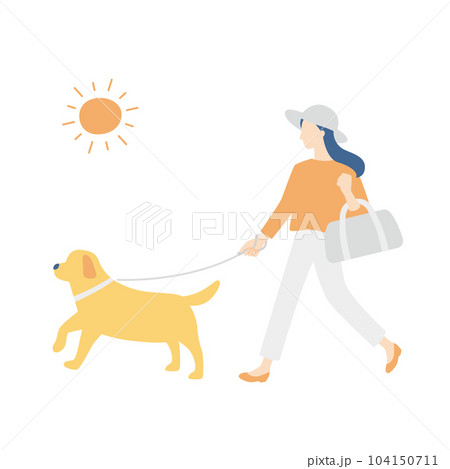 太陽を浴びて散歩する女性と犬 104150711