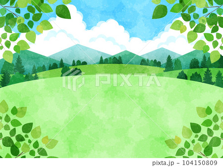 水彩風四隅に葉っぱの里山ヨコ 104150809