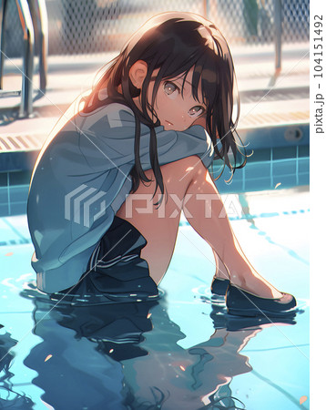 プールの浅瀬にしゃがみ込む少女(Generative AI) プールの浅瀬にしゃがみ込む少女(Generative AI) 104151492