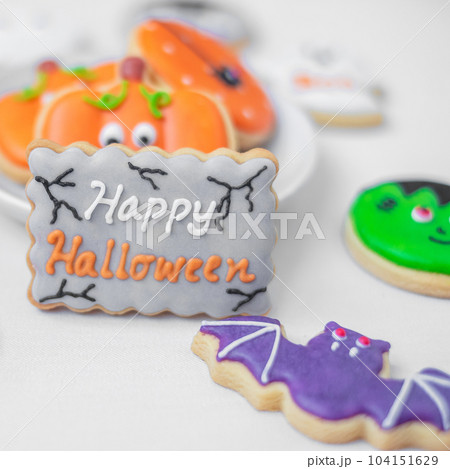 Happy Halloween with funny Cookies; Pumpkin, scary ghost, spooky mummy, bat, frankenstein, dracula and spider. Trick or Threat, Hello October, fall autumn, Traditional, party and holiday concept 104151629