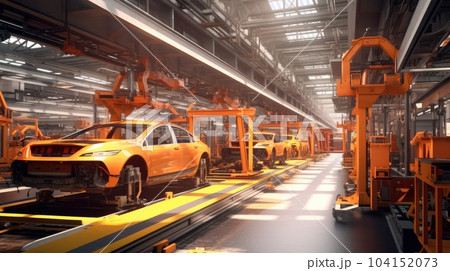 Automobile assembly line production, Unfinished automobiles in a car plant. 104152073
