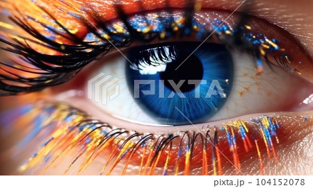 Colorful eye makeup close up, Abstract colorful iris, Long eyelashes and glitter makeup 104152078