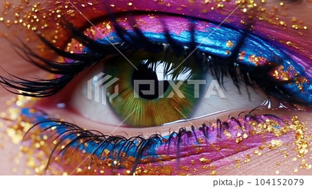 Colorful eye makeup close up, Abstract colorful iris, Long eyelashes and glitter makeup 104152079