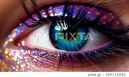 Macro shot of beautiful woman's eye with perfect art makeup, Smoky eyes, long eyelashes. 104152081