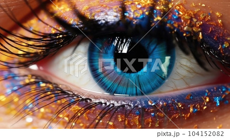 Colorful eye makeup close up, Abstract colorful iris, Long eyelashes and glitter makeup 104152082