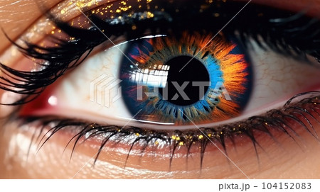 Macro shot of beautiful woman's eye with perfect art makeup, Smoky eyes, long eyelashes. 104152083