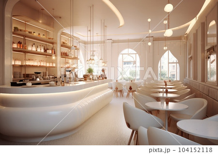 Cafe restaurant, Interior design of a coffee shop with kitchen counter and sitting area. 104152118
