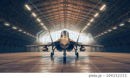 Powerful military fighter jet parked in military hangar. 104152153