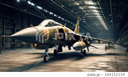military fighter jet aircraft parked in military hangar at the base airforce. 104152154