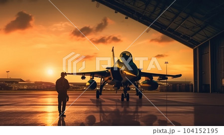Military jet fighter plane parked in a hangar at sunset. Military jet fighter plane parked in a hangar at sunset. 104152195