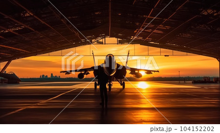 Fighter plane silhouette at sunset. Fighter plane silhouette at sunset. 104152202
