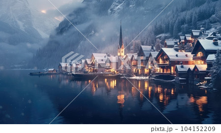 Hallstatt lakeside town in the Austrian Alps reflecting in Hallstattersee lake on a winter time. Hallstatt lakeside town in the Austrian Alps reflecting in Hallstattersee lake on a winter time. 104152209