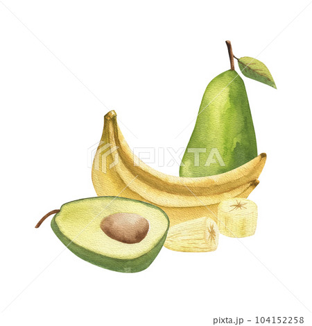 A set of tropical fruits, pears, avocado, banana and its slices, highlighted on a white background. Watercolor 104152258