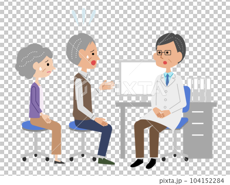 診察室で男性医師に不安を話すシニア夫婦 診察室で男性医師に不安を話すシニア夫婦 104152284