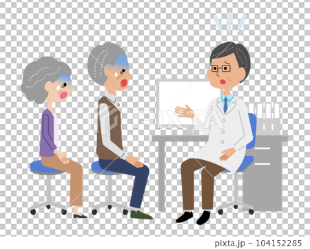 A senior couple who receives an explanation from a male doctor in an examination room and is shocked 104152285
