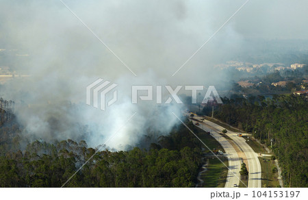 Aerial view of fire department firetrucks extinguishing wildfire burning severely in Florida jungle woods. Emergency service firemen trying to put down flames in forest Aerial view of fire department firetrucks extinguishing wildfire burning severely in Florida jungle woods. Emergency service firemen trying to put down flames in forest 104153197
