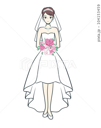ミニ丈のウエディングドレスを着た新婦（カラフル）のイラスト素材