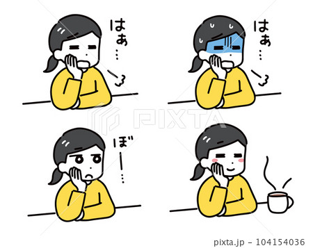 頬杖をつく私服の若い女性の表情のセット(上半身)	 104154036