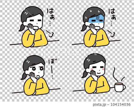 頬杖をつく私服の若い女性の表情のセット(上半身)	 104154036