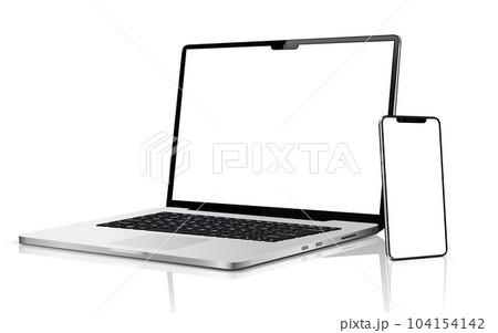 Laptop, tablet and mobile phone. Flat lay detailed and realistic devices mockup 104154142