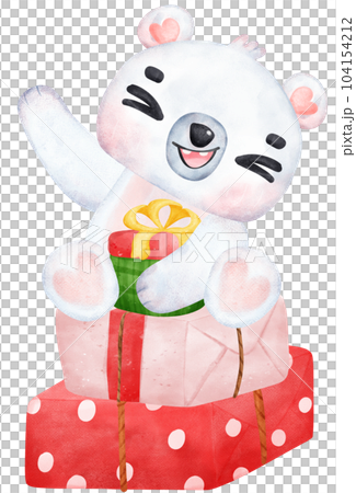 Christmas Surprise, joyful Adorable Polar Bear with Stacked Presents, winter animal watercolour Children Illustration Christmas Surprise, joyful Adorable Polar Bear with Stacked Presents, winter animal watercolour Children Illustration 104154212