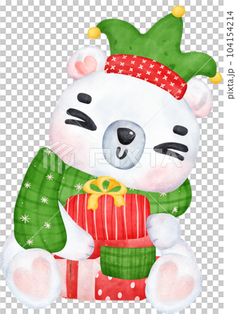 Christmas Surprise, joyful Adorable Polar Bear with Stacked Presents, winter animal watercolour Children Illustration Christmas Surprise, joyful Adorable Polar Bear with Stacked Presents, winter animal watercolour Children Illustration 104154214