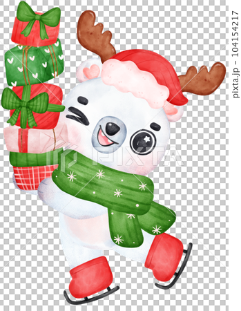 Christmas Surprise, joyful Adorable Polar Bear with Stacked Presents, winter animal watercolour Children Illustration Christmas Surprise, joyful Adorable Polar Bear with Stacked Presents, winter animal watercolour Children Illustration 104154217