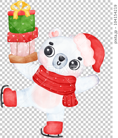 Christmas Surprise, joyful Adorable Polar Bear with Stacked Presents, winter animal watercolour Children Illustration 104154219
