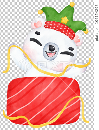 Christmas Surprise, joyful Adorable Polar Bear with Stacked Presents, winter animal watercolour Children Illustration Christmas Surprise, joyful Adorable Polar Bear with Stacked Presents, winter animal watercolour Children Illustration 104154298
