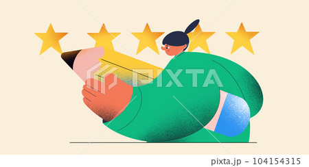 Customer writing feedback five stars review mark for good service in flat art character illustration 104154315