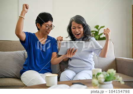 Two overjoyed retired middle-aged female besties are watching a lottery drawing online together. Two overjoyed retired middle-aged female besties are watching a lottery drawing online together. 104154798