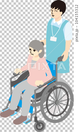 アイソメトリック　俯瞰　人物　女性　シニア　車椅子　医療　介護福祉士　男性　イラスト素材 104155312