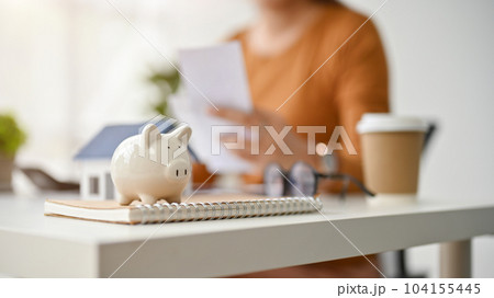 Close-up image of a piggy bank is on table with a female real estate agent working behind. Close-up image of a piggy bank is on table with a female real estate agent working behind. 104155445