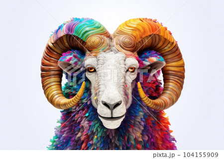 Abstract of Bighorn Ram or sheep portrait isolated on white background, Aries zodiac sign with multi colored colorful on skin body  and hairs paint, with Generative AI. 104155909