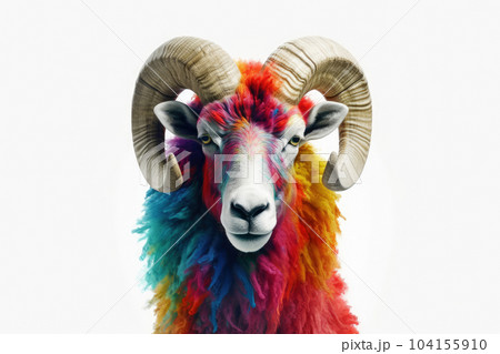 Abstract of Bighorn Ram or sheep portrait isolated on white background, Aries zodiac sign with multi colored colorful on skin body  and hairs paint, with Generative AI. 104155910