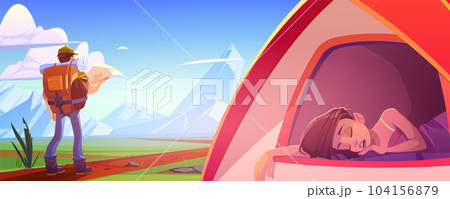 People in camp with tent in mountain valley 104156879