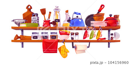 Kitchen shelf with utensil and dish vector set 104156960