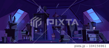Old abandoned attic house room interior at night 104156961
