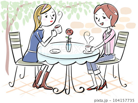 オープンカフェで屋外お茶しているお洒落な女性のイラスト素材 [104157735] - PIXTA