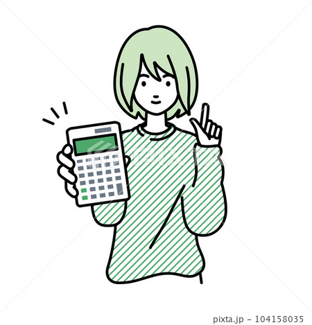 立って電卓を持ってこちらに向けて見せているスウェットの女性 104158035