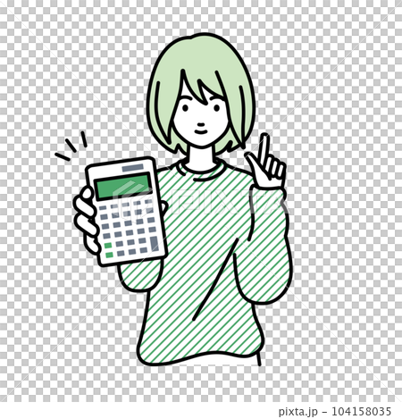 立って電卓を持ってこちらに向けて見せているスウェットの女性 104158035
