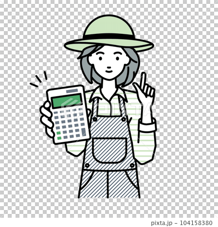立って電卓を持ってこちらに向けて見せている農家の女性 104158380