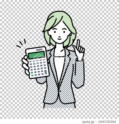 立って電卓を持ってこちらに向けて見せているスーツの女性 104158384