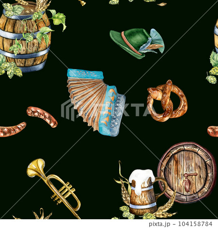 Wooden barrel, pint of beer, german hat, accordion, hop vine watercolor seamless pattern isolated on black. Pretzel, wheat ear hand drawn. Design for beer festival, brewing, wrapping, background 104158784