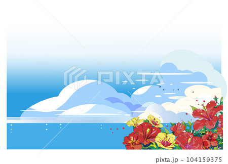 夏の雲が広がるハイビスカスの花が咲く南国のリゾート 104159375